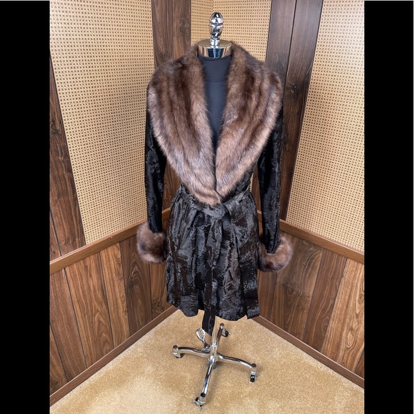 Badgley Mischka Jackets & Blazers - Badgley Mischka Broadtail & Russian Sable Trim Fur Robe Style Belt Jacket Coat S